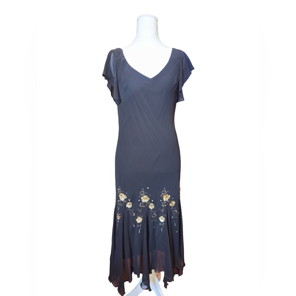 Y2K S.L. Fashions Black Midi Dress 12 Sheer Flutter Sleeve Beaded Hem Formal - Picture 2 of 9